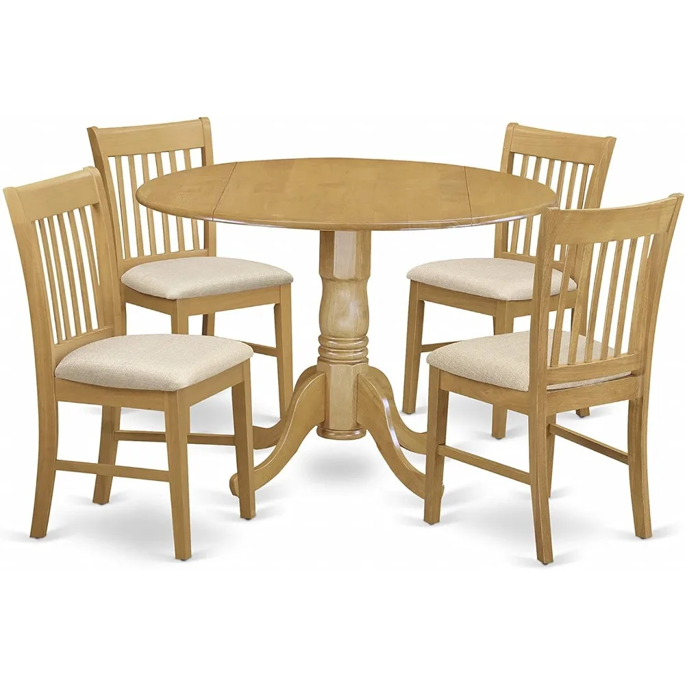 

5 Piece Kitchen Set Includes a Round Room Table With Dropleaf and 4 Linen Fabric Upholstered Dining Chairs 42x42 Inch