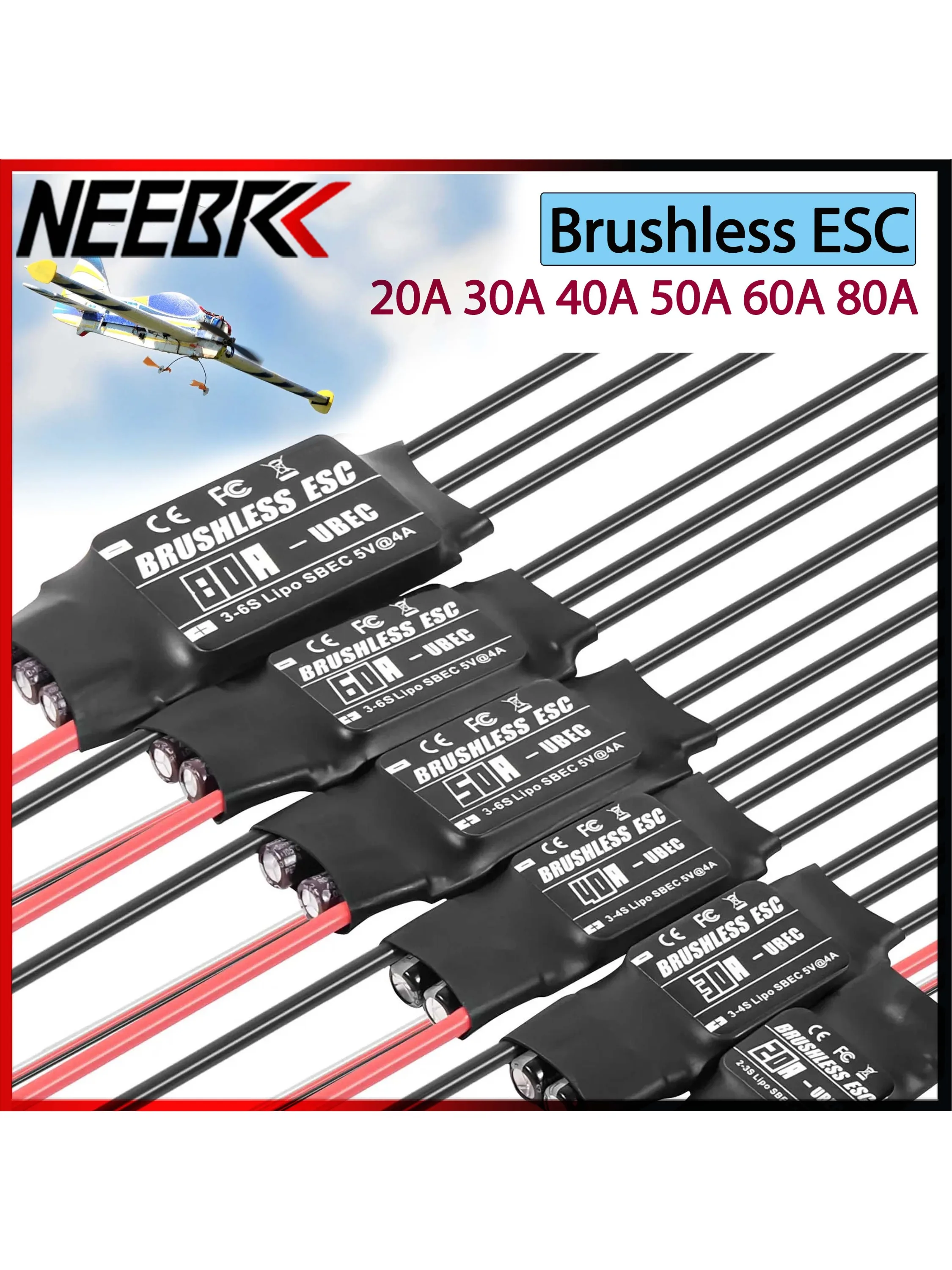 NEEBRC 20A 30A 40A 50A 60A 80A contrôleur de vitesse ESC sans brosse avec UBEC 2-6S pour avion hélicoptère à voilure fixe RC Drone FPV
