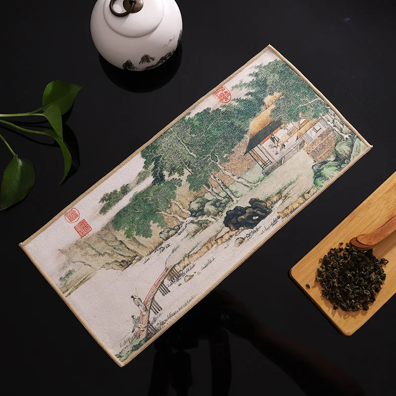 Traditional Thick Absorbent Lint Free Tea Towels Microfiber Cloth Antique Painting Chinese Calligraphy Art for Tea Ceremony Home