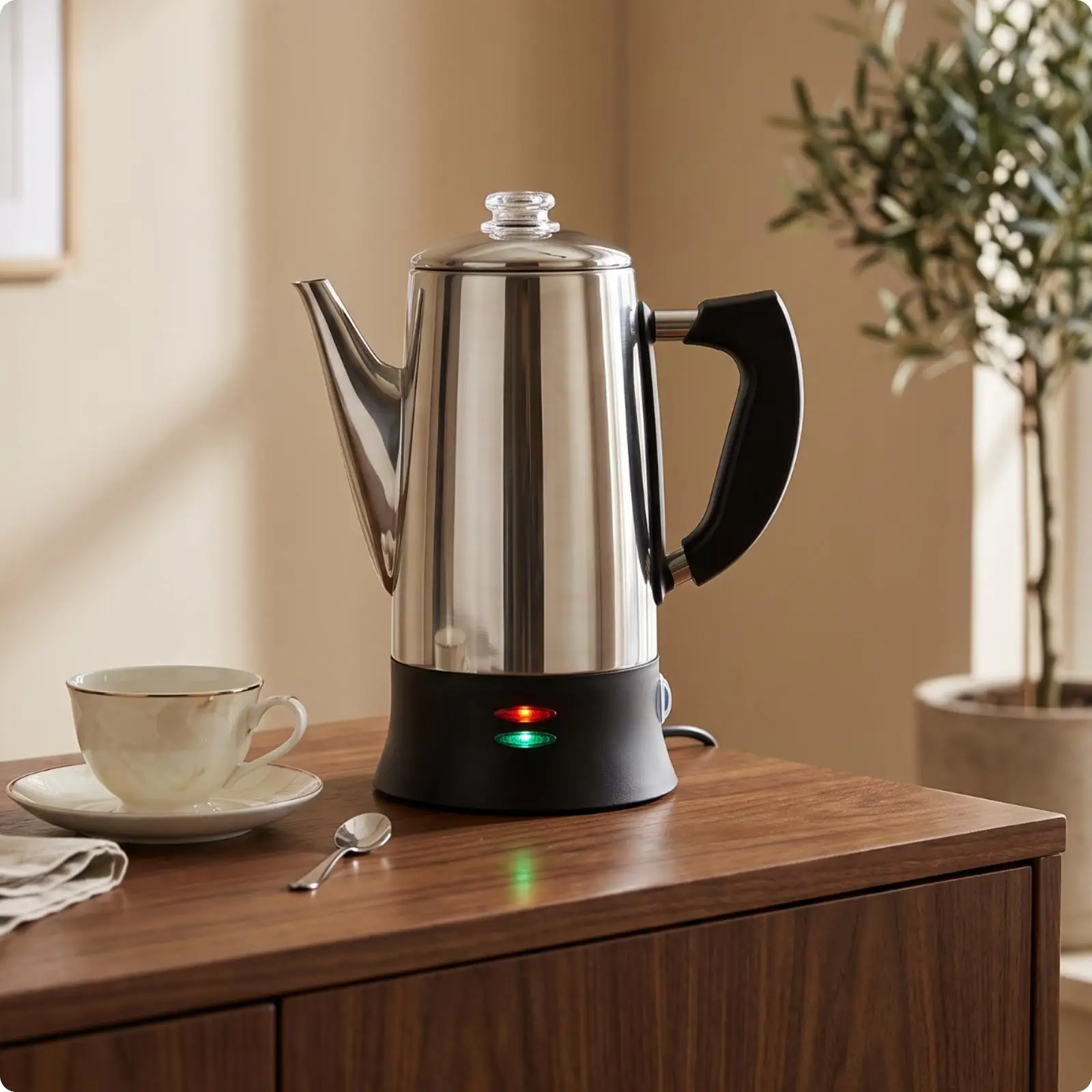 Electric Coffee Percolator 304 Stainless Steel Coffee Maker with Long Spout for Drip Coffee Brewing Kitchen Countertop