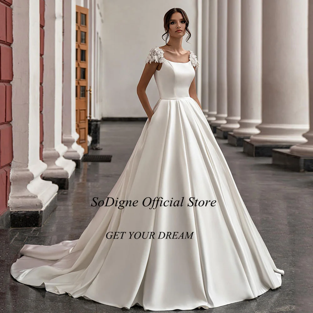 SoDigne Satin Wedding Dress For Women Elegant Cap Sleeves Scoop Neck Flowers Women A-Line Bridal Gown With Pockets Customized