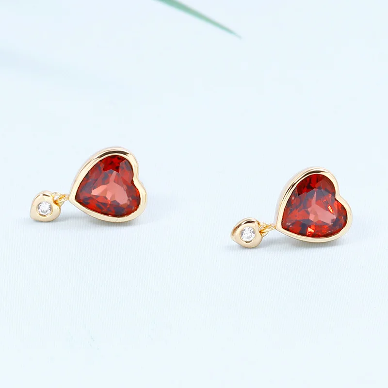 LAMOON Sweety Red Heart Stud Earrings For Women Natural Gemstone Garnet Earring 925 Sterling Silver Gold Plated Fine Jewelry