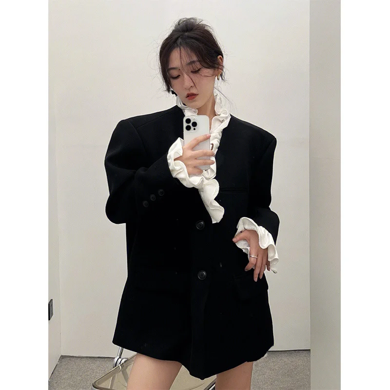 

Ladies Blazers High Quality Solidcolor Sleevebuttons Evening Beautyblue Gradient Buttoned Flocking Flattering Elastic Peplum