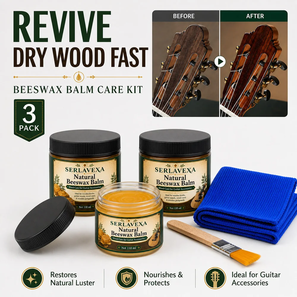 SERLAVEXA 3 Pack Guitar Beeswax Polish Wood Care Kit Fretboard Conditioner Balm Instrument Restorer Maintenance with Brush Cloth