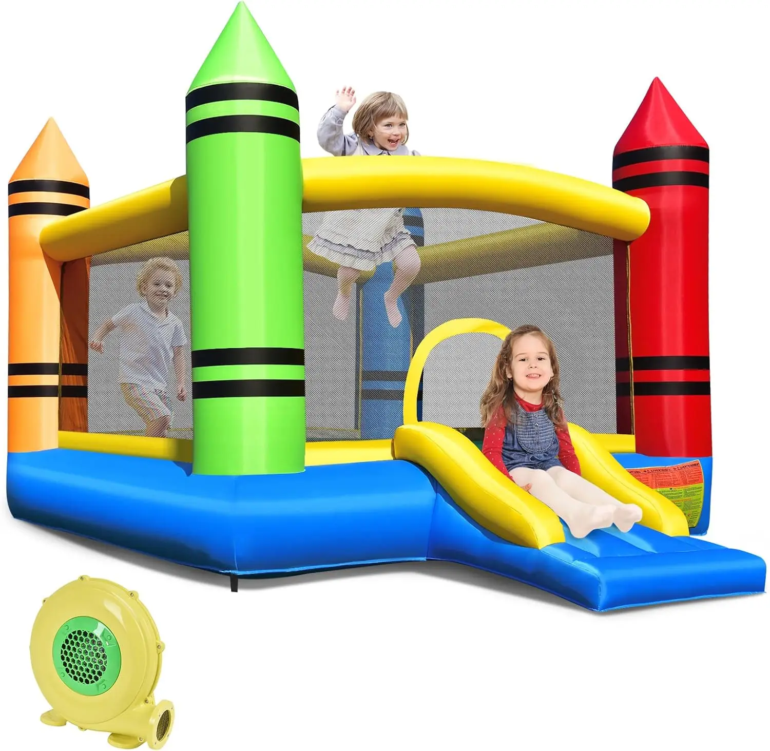 Olakids Inflatable Bounce House, Crayon Theme Jumping Castle With Slide, 50Pcs Ocean Balls, Indoor Outdoor Kids Bouncy House