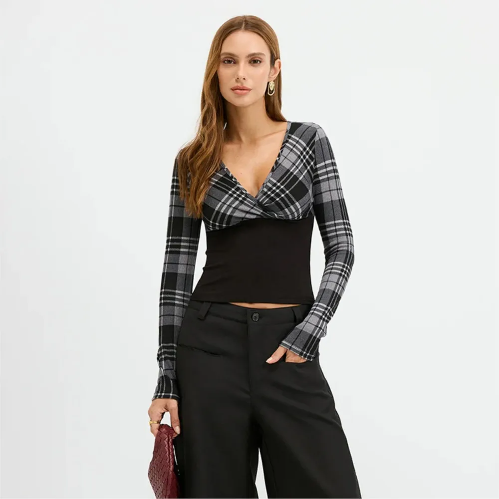 Plaid Patchwork Slim Fit Gestricktes Langarmshirt Top V-Link Low Cut Trendy All-Match Einfacher Stil Pendeln Lässige Blusas
