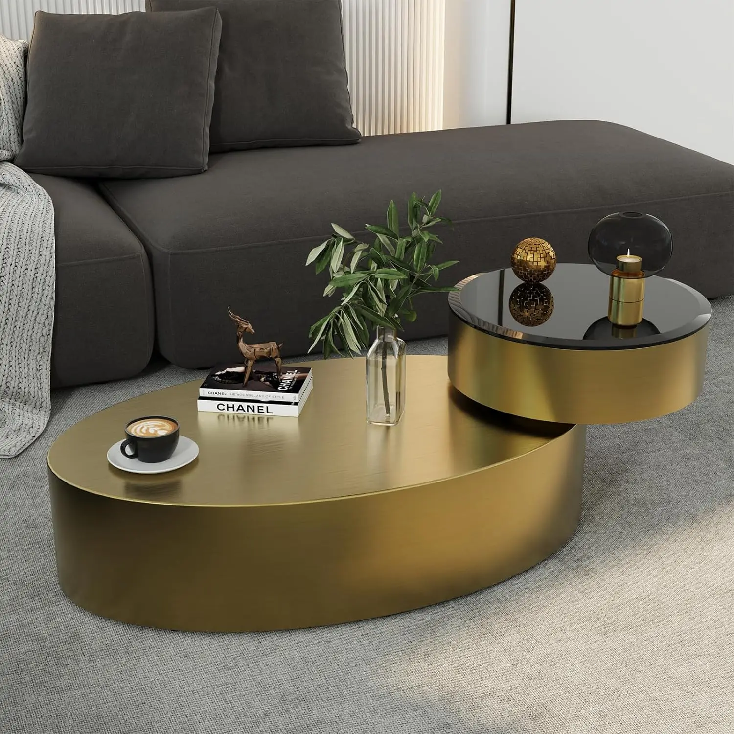 

Oval Rotating Coffee Table with Tempered Glass Top, 2-Tier Design & 360° Swivel Base, Brushed Gold Finish - Modern, Customized
