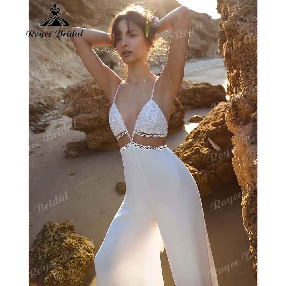 Spaghetti Strap Deep V Cutout Bridal Jumpsuit Beaded Top Lace Trim Open Back Wide Leg Satin Vestido De Novia Customized