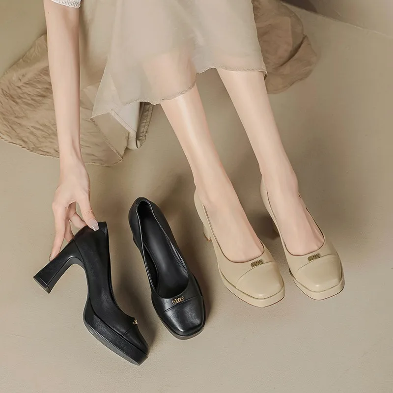 

Square head waterproof platform single shoes 2024 spring new color matching casual thick heel thick sole retro high heels