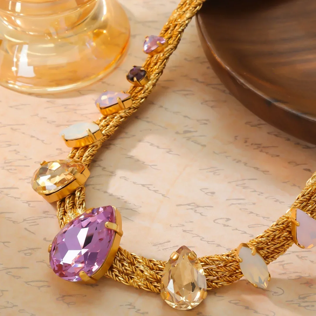 Vintage Rhinestone Colored Diamond Inlay Handmade Heavy Craftsmanship High-end Necklace Bracelet Set