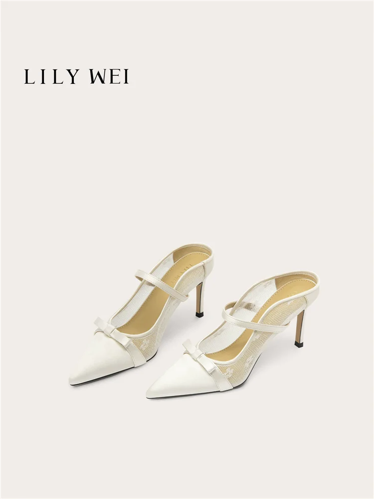 Summer Pointed Satin Mesh Bow Flat Fashion Slippers Banquet Large Size Small Size Widening Version High Heel Women's Sandals