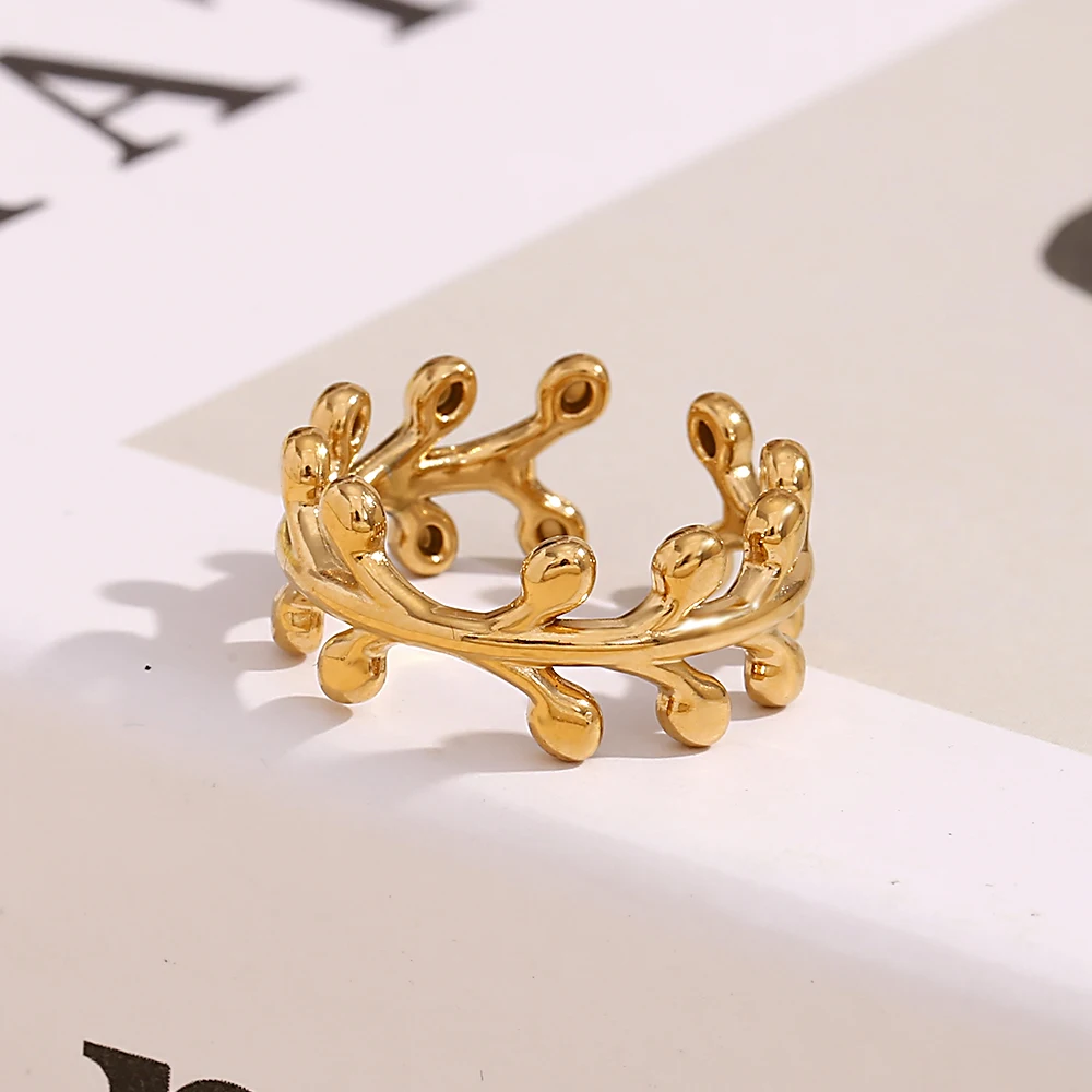 E.B.belle Waterproof Open Size Sea Wave Rings For Women Elegant Flower Stamen Pattern Stainless Steel Ring Jewelry