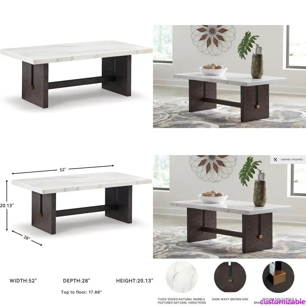 Ashley Burkhaus Signature Mesa de centro retangular tradicional com tampo de mármore em acabamento marrom escuro e branco