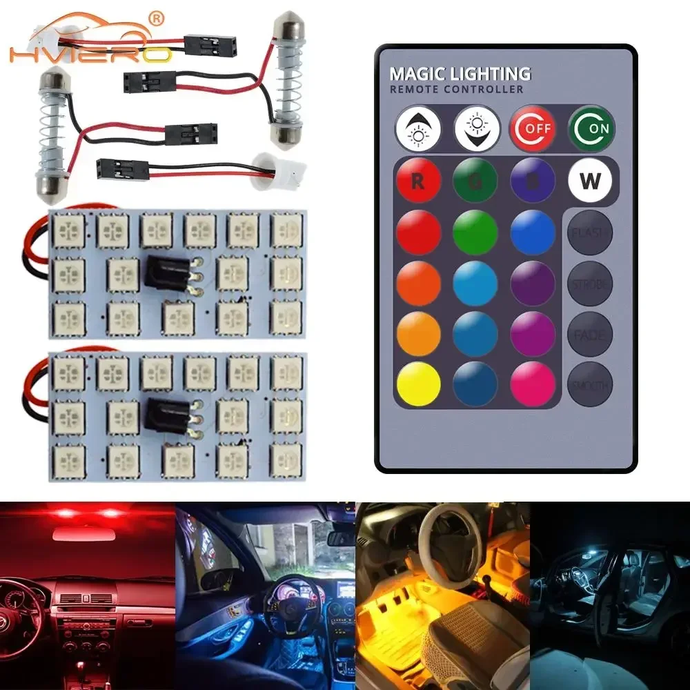 

2pc Car Leds T10 5050 12SMD 15SMD 24SMD 36SMD Remote Control RGB Panel Reading Dome Festoon BA9S Adapter 12V Interior Auto Light