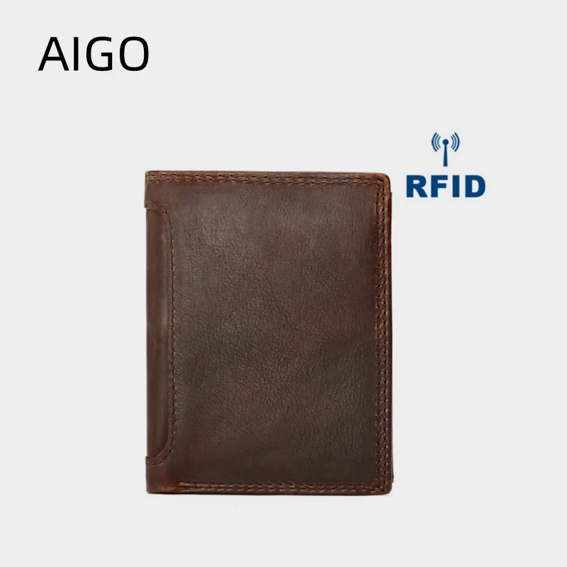 AIGO Vintage Genuine Leather Men's Wallet Crazy Horse Leather RFID Card Holder Fashion Coin Purse Large Capacity Cash Pouch