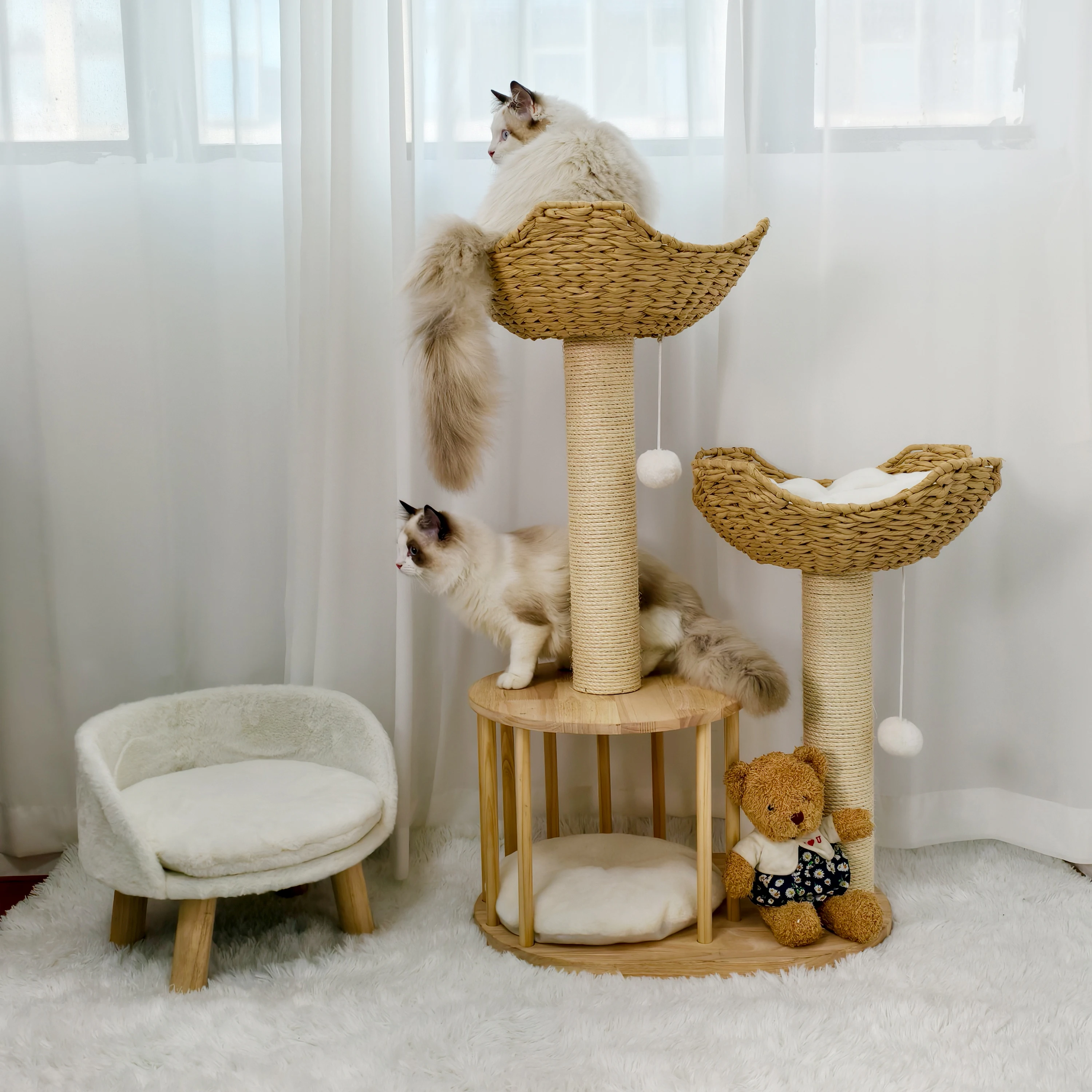 3 Tier Cat Tree Activity Tower Condo Furniture with Plush Cushion and Dangling Ball Sisal Scratching Post for Indoor Cats