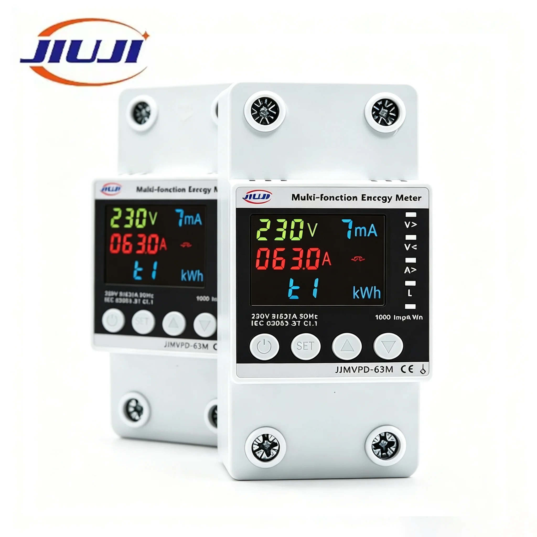 JIUJI JJMVPD‑63M 63A DIN‑Rail Multi‑Tariff Energy Logger AC230V LCD Voltage‑Current Leakage Interrupter Auto‑Resume Supply