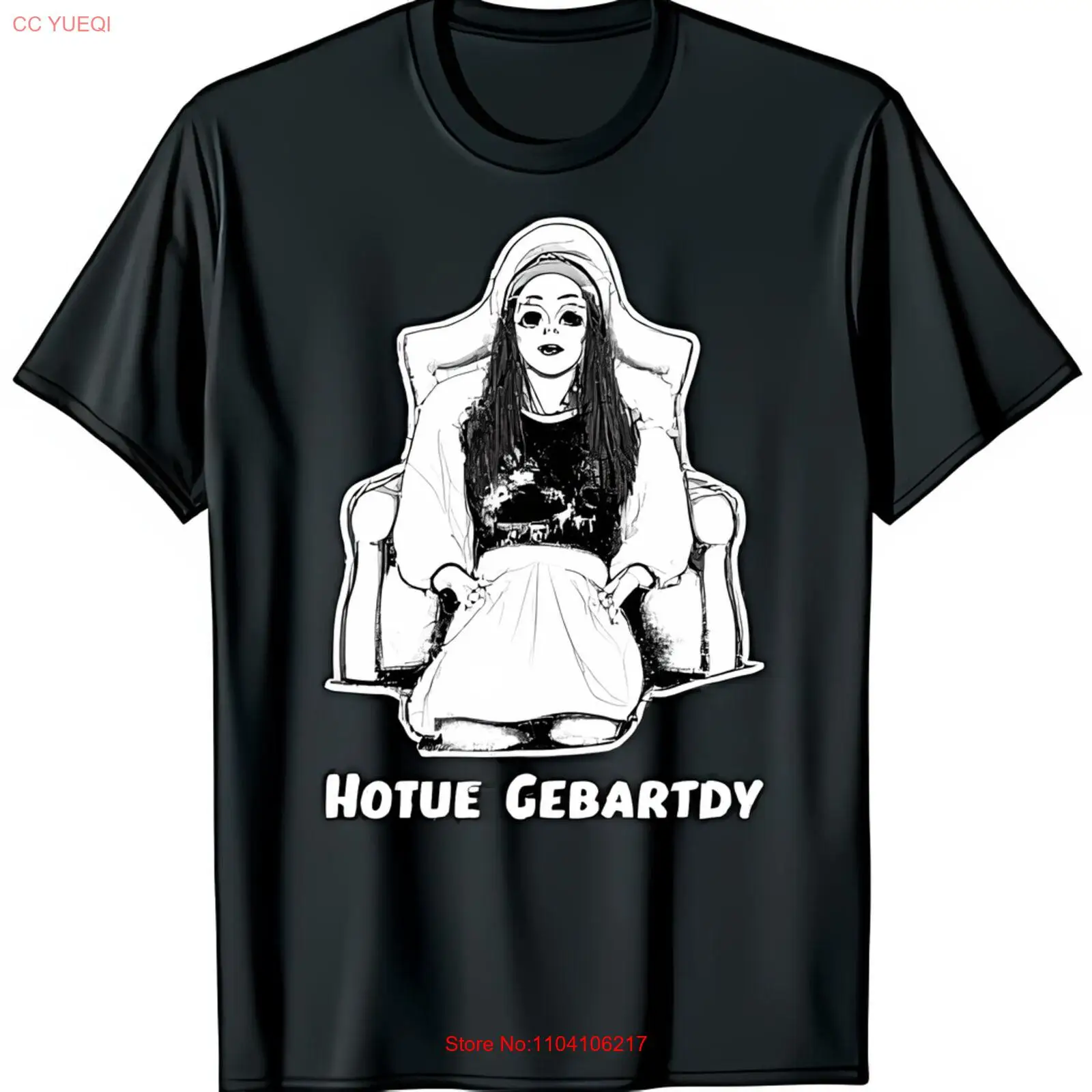 Black T-Shirt with Elegant Line Drawing of Woman in Chair Hotue Gebarty