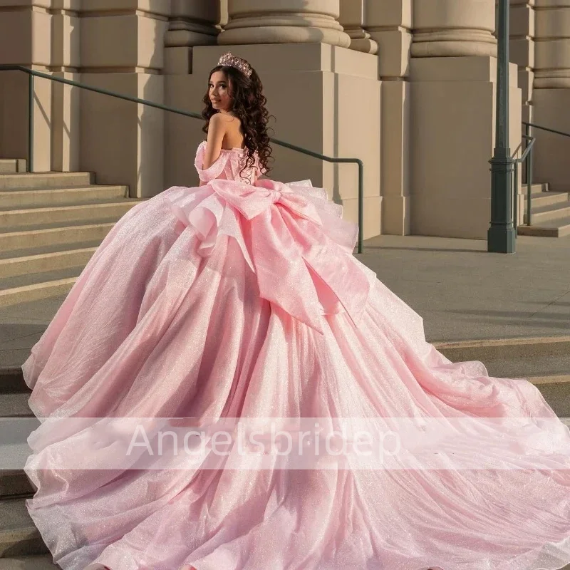 Angelsbridep Customized Princes Pink Ball Gown Quinceanera Dresses Tiered Off Shoulder Beading Sweet 16 Dress Vestido De 15 Anos