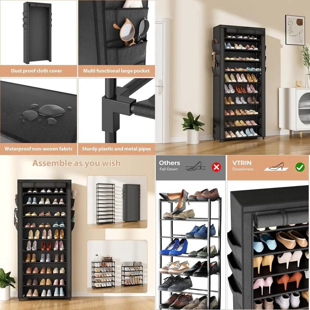 

10-Tier Tall Shoe Rack Organizer with Non-Woven Cover for 36-41 Pairs, Dustproof, Freestanding, Black