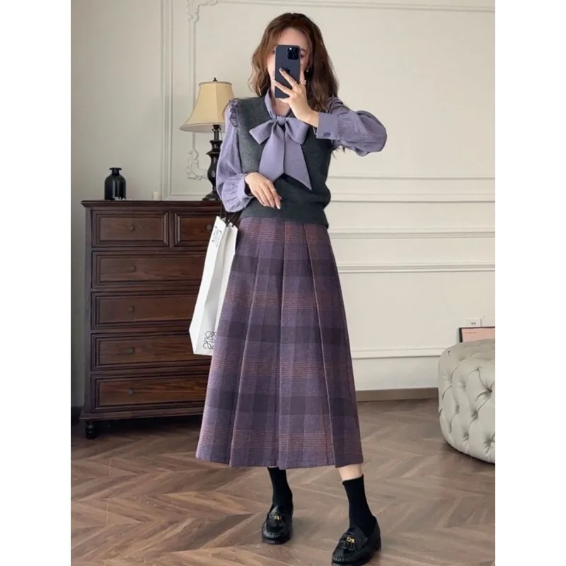 Irabeezt French Style Skirt Set Plaid Loose Casual Coats Tops A-line Young Lady Long Skirts Vintage Two Piece Sets Female Outfit