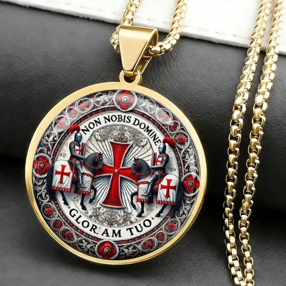 1 Piece Knights Templar Round Pendant Necklace, Gold Plated Templar Cross Warrior Charm Jewelry, Faith Honor Symbol Accessory Gift for Men