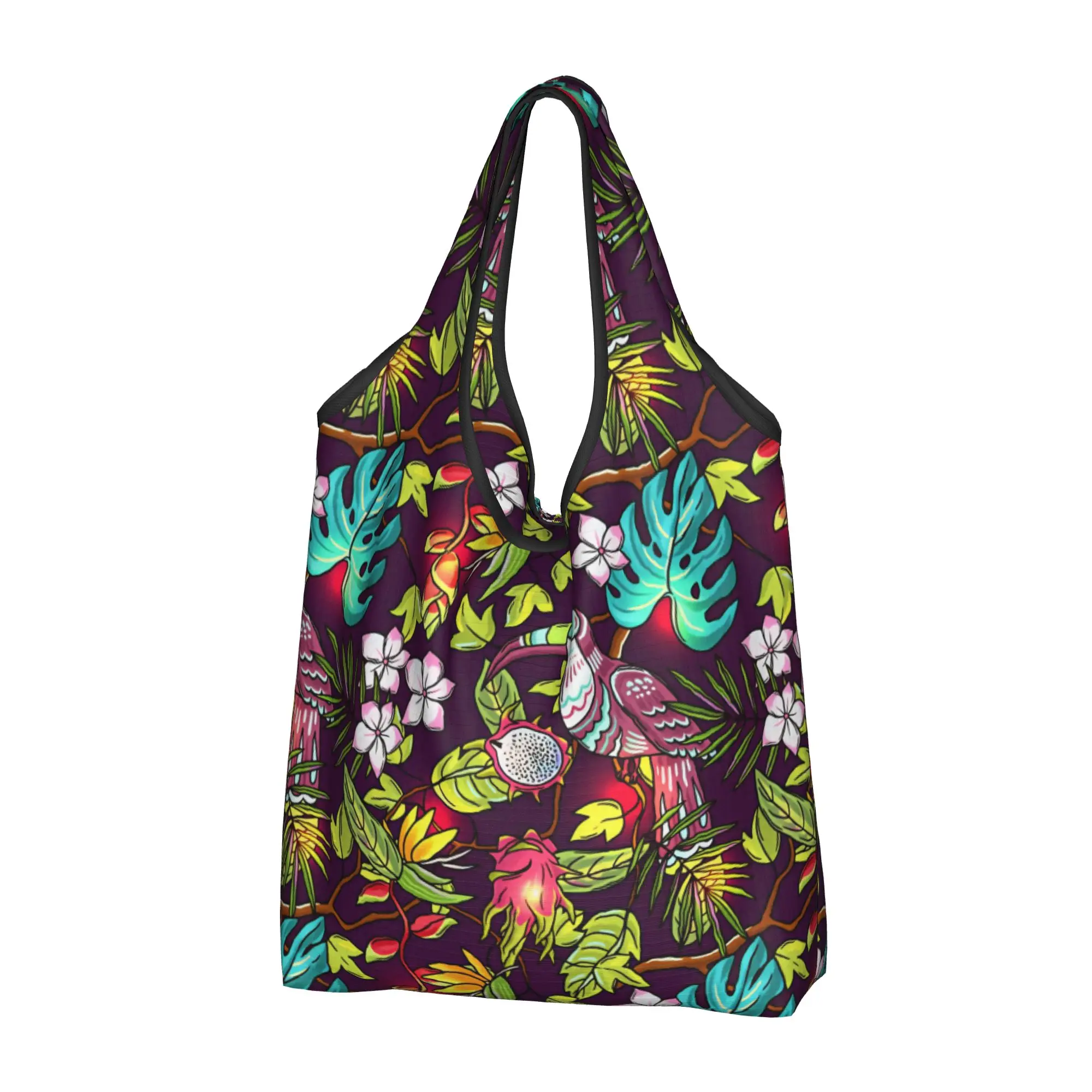 Hawaiian Style Tropical Botanical Flowers Groceries Tote Shopping Bags Cute Monstera Palm Leaves Shoulder Shopper Bags  Handbags