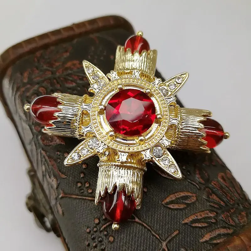 Baroque Red Rhinestone Cross Brooch Pin Metal Big Brooches for Women Vintage Pins Clothes Scarf Clip Jewelry
