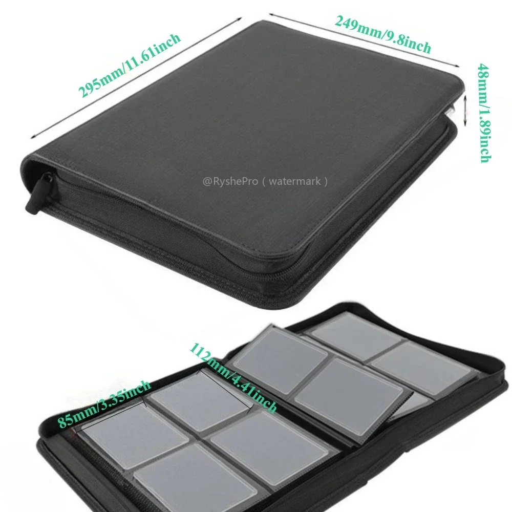 Pasta de cartão toploader de 4 bolsos contém 112 + livro de suporte de cartão de couro pu para cartão rígido de 3 "x 4", bolsos laterais duplos para mtg ptcg