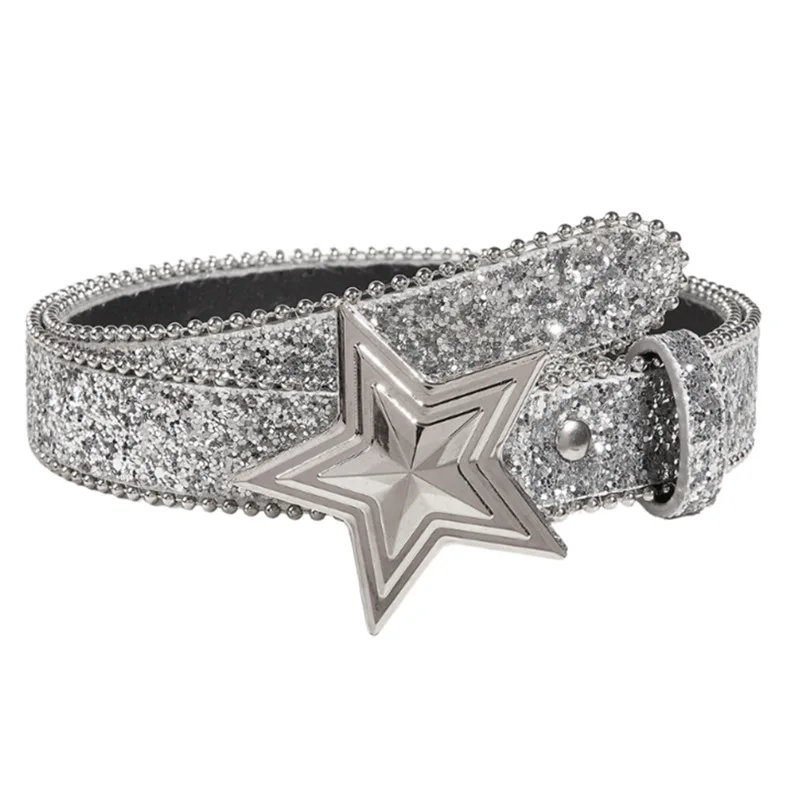 New Star Buckle Glitter Leather Belt 3D Embossed Metal Sparkle Surface Beaded Edge Trim Lined Strap Adjustable Fashion Waist