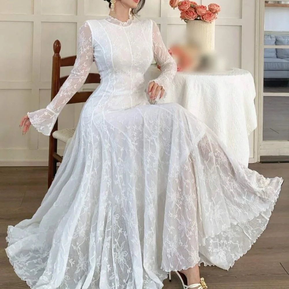 

Customized Lace Ladies Grace Dresses High CollarLong DressesProm Dresses Wedding Party Dress Modern Style