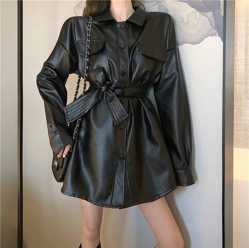 

Women Winter Business Oversized Pu Coat Blouses Fashion Long Sleeve Jackets Elegant Punk PU Leather Tops with Belt Female