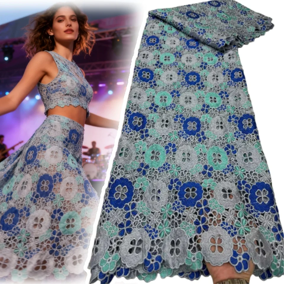

African Guipure Corded Lace Fabric 2025 Hot Sale Nigerian Gemstone Milk Silk Corded Lace Fabric for Women's Party Dresses 1876