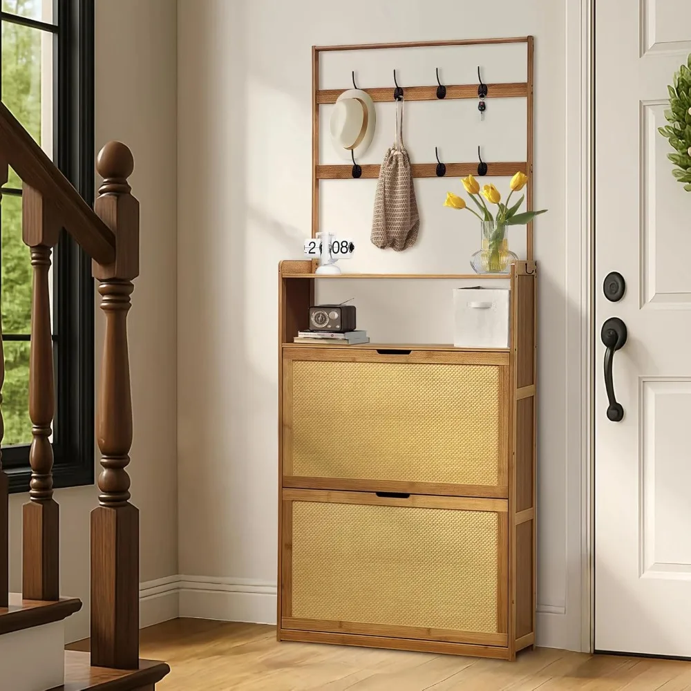 

Shoe Cabinet with 2 Rattan Flip Drawers，Bamboo Shoe Storage Cabinet with Coat Hooks, Freestanding Shoe Cabinet Storage for Entry
