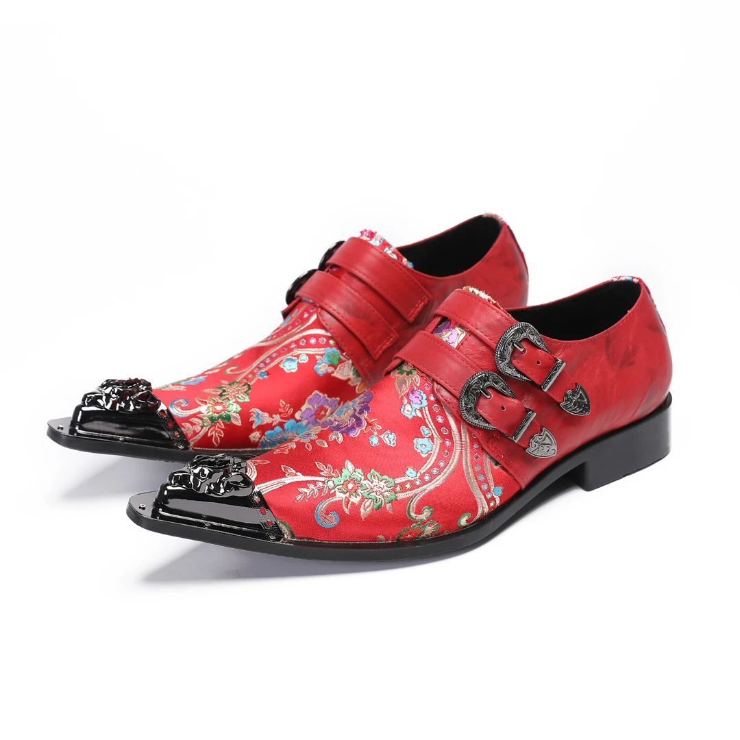 

Men's pointed leather shoes with red buckle and embroidered metal banquet handmade leather shoes, fashionable shoes