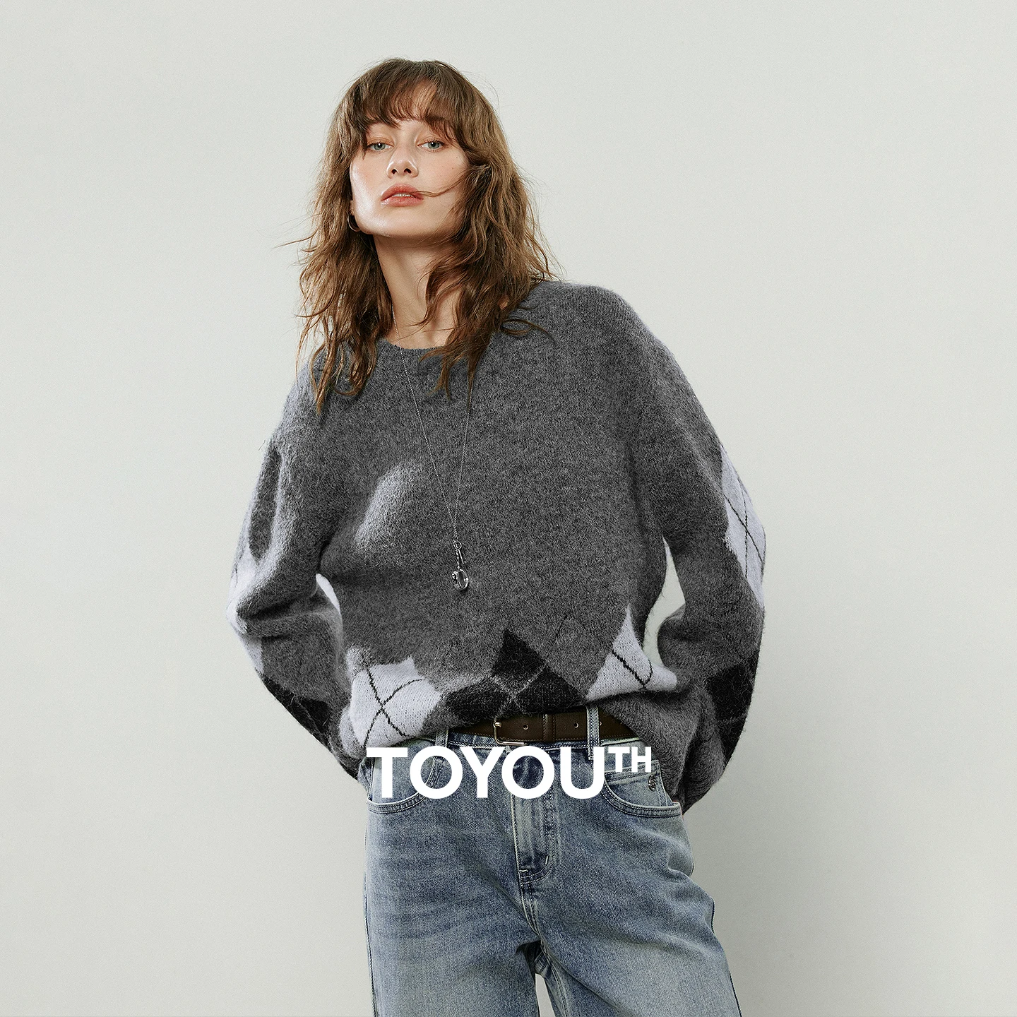 

TOYOUTH женские свитера 2025, новые зимние винтажные вязаные топы из шерсти альпаки с круглым вырезом из шерсти Argyle