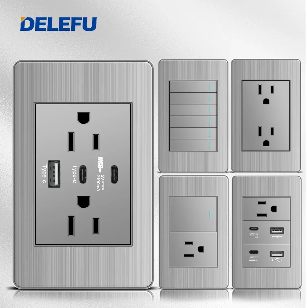 DELEFU Grey Stainless Steel Panel Mexico Standard Type C America Outlet Plug 118*72mm Wall Power Socket Light Switch