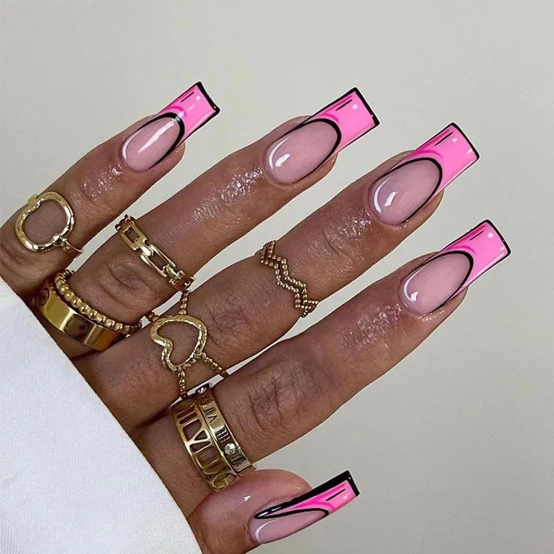 

Pink Doodle French Wearable Nail Art Cartoon Style Design Fake Nails Detachable Finished False Nails Press on Nails with Glue