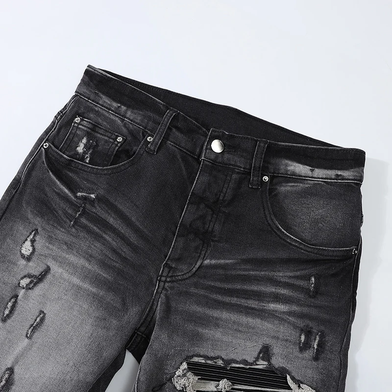 High Street Designer Fashion Men Jeans Retro Black Gray Stretch Slim Fit Patched Ripped Jeans Men Y2K Hip Hop Brand Denim Pants