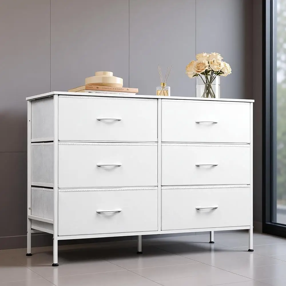 

Широкий комод с 6 ящиками и подставкой для телевизора, вместимость до 50 дюймов, медиацентр из металла и дерева, тканевые ящики, идеально подходит для спальни, прихожей