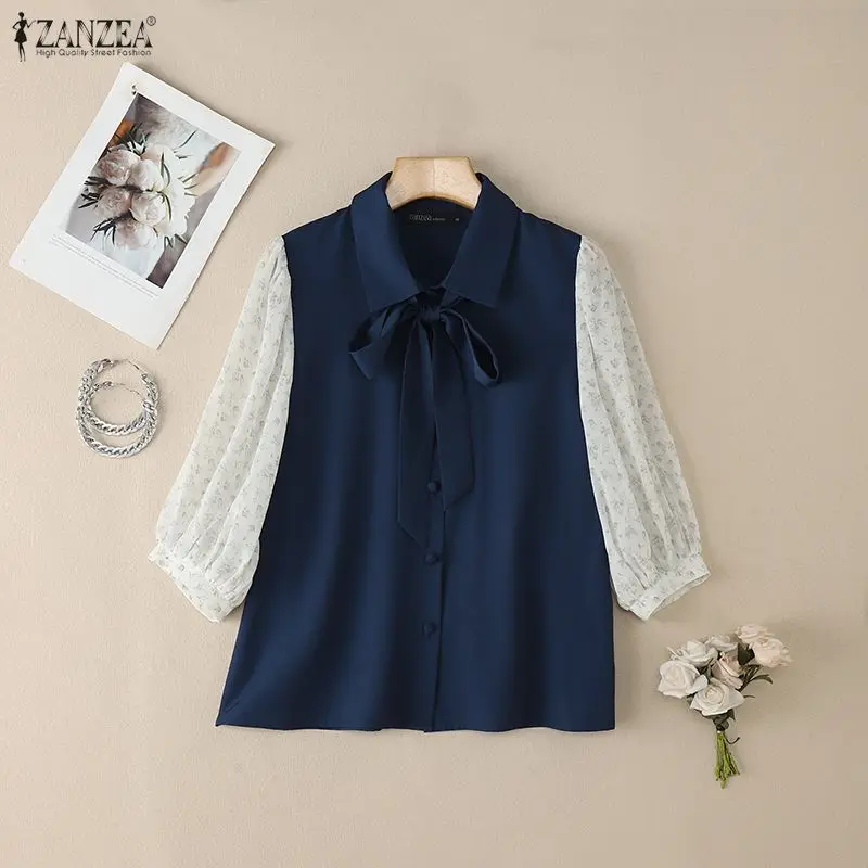 Summer Women's Floral Printed Puff Sleeve Contrast-Color Shirts Elegant Bowtie Collared Casual Tops ZANZEA Woman Clothes S-3XL