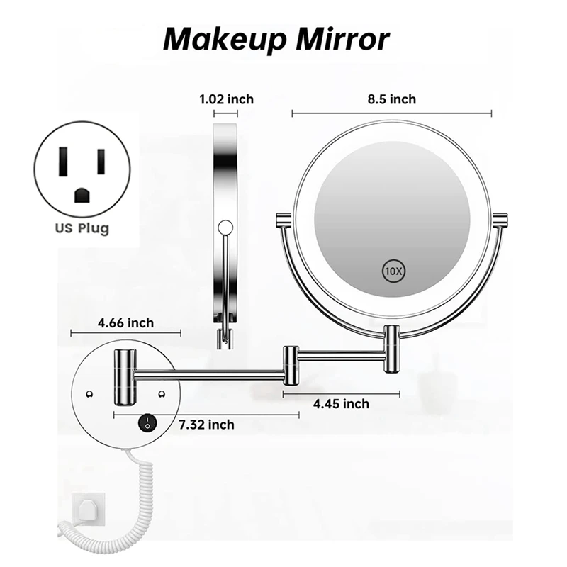 2Pcs 8.5 Inch LED Wall Mounted Makeup Mirror Round Double Sided 1X/10X Magnifying With Light Button US Plug