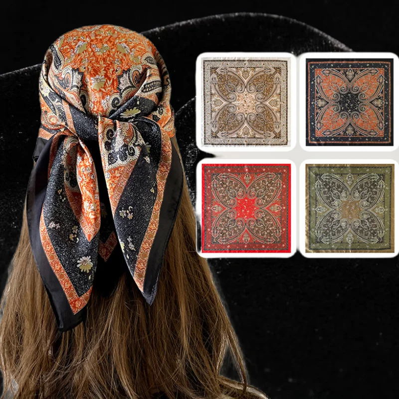 70cm Paisley Print Satin Square Scarf Elegant Retro Headscarf Women Artistic Accessory Beige Orange Paisley Satin Scarf
