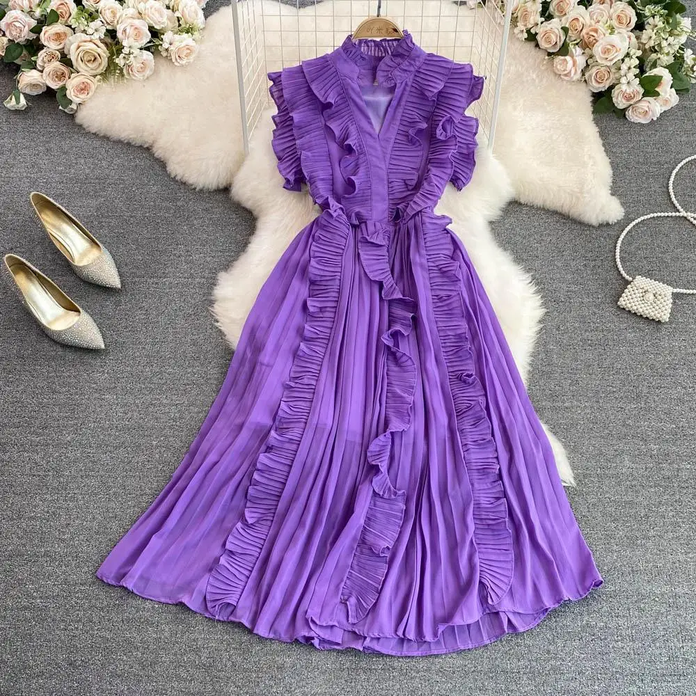 

Summer Women Irregular Ruffle Chiffon Long Dress Elegant Stand Collar Sleeveless High Waist A-Line Big Swing Vestidos Female New