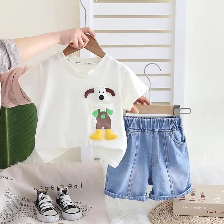 

Летние детские комплекты для детей 0-5 лет, футболки с короткими рукавами и джинсовые шорты в корейском стиле для маленьких мальчиков и щенков, одежда для малышей, спортивный костюм