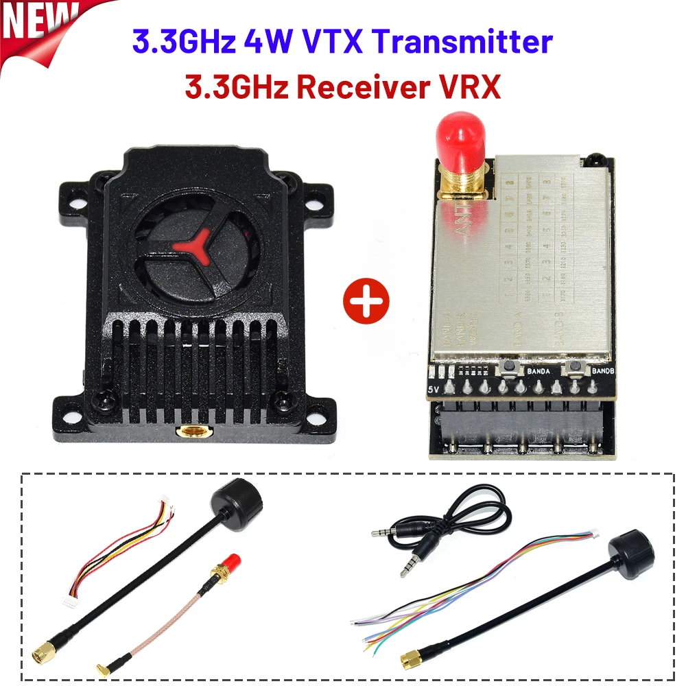 3.3G 4W FPV VTX Analog Video Transmitter Kit For FPV RC Drone Model 3.3G VRX with RHCP Antenna For Skyzone/fatshark FPV Glasses