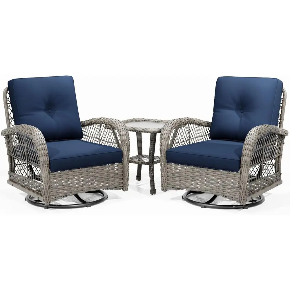 

3-Piece Outdoor Wicker Swivel Rocking Chair Set with Side Table and Cushions (Brown/Blue)