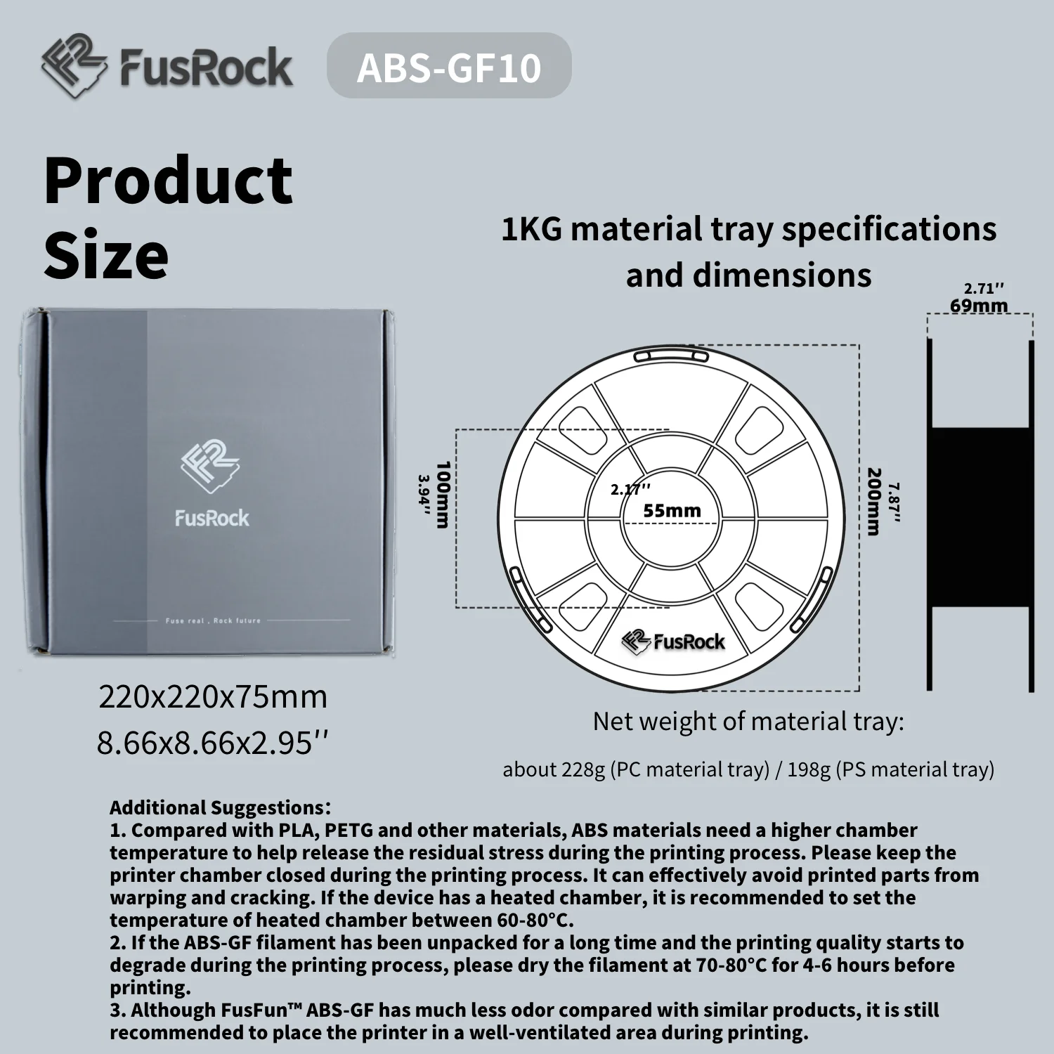 FUSROCK ABS-GF 3D Printer Filament 10% Glass Fiber ABS Filament 1.75mm, Fit Most FDM 3D Printers Frosted Texture, High Hardness,