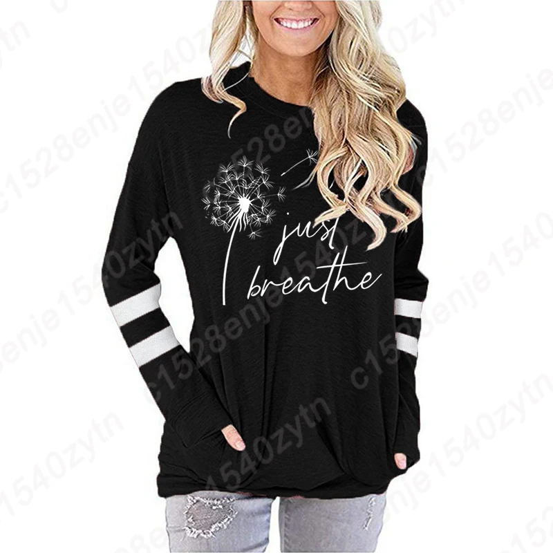 

Women Long Sleeve Shirt With Pocket Dandelion Just Breathe Print Pullover Loose Round Neck Pullover Fall/Winter Sweatshirts Tops