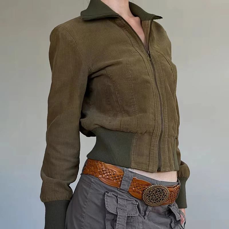 

2026 New Spring Vintage Short Coats Turtleneck Zipper Solid Color Corduroypockets Jackets Female Slim Tops All Match Women Cloth
